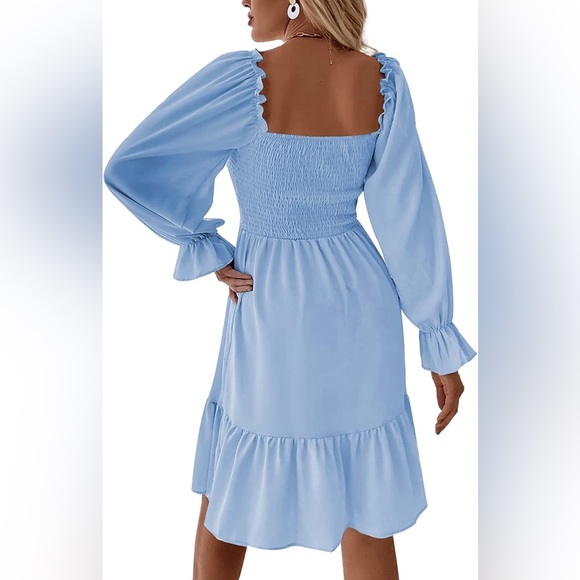 Blue/White Plaid Long Ruffle Sleeve Mini Dress - Picture 8 of 11